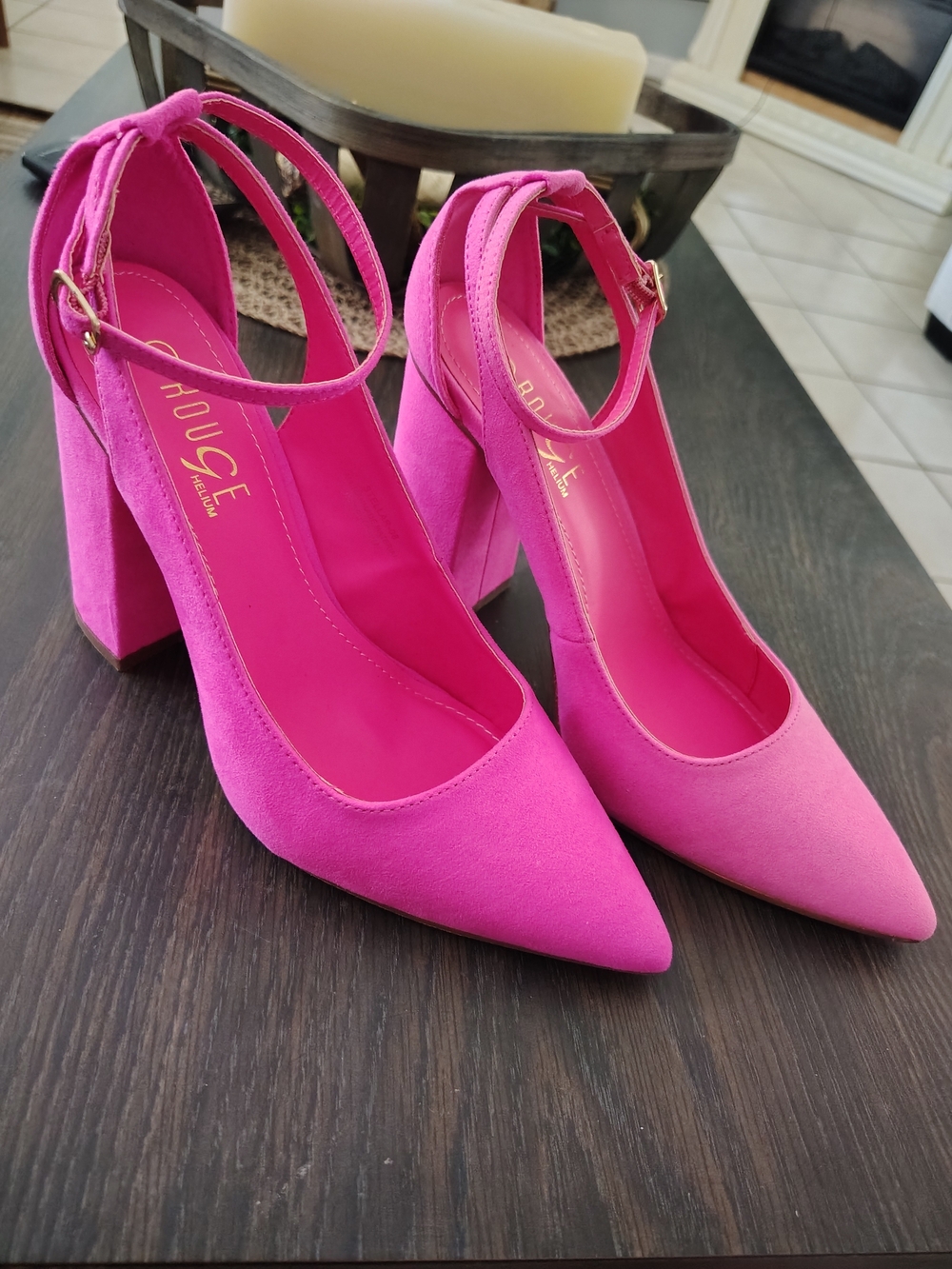 Women’s Fuchsia Pointed Block Heel Pumps with Ankle Strap